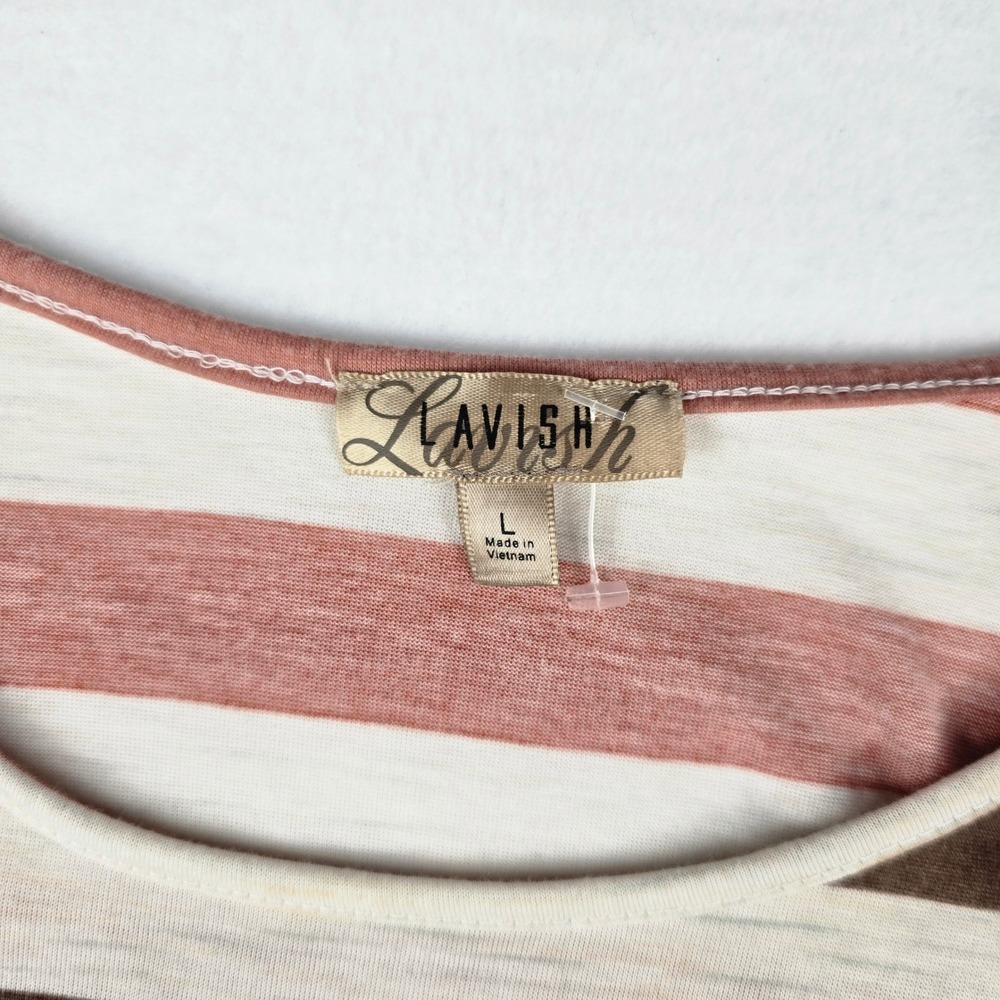 Lavish Striped Button Shoulder Knit Top Women L Brown Rust Cream Short Sleeve - Picture 5 of 7